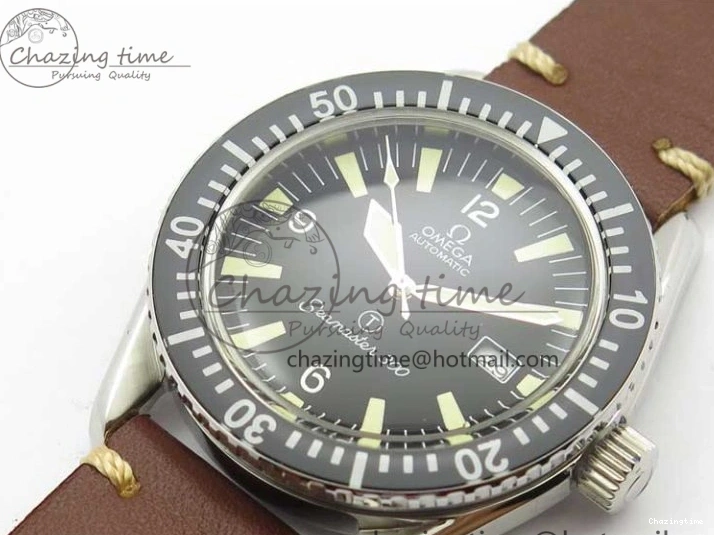 0115 Vintage Seamaster 300 Date T SS B12 Black Dial On Brown Leather Strap A2836 (Free Nylon Strap) WeatherProof 7911